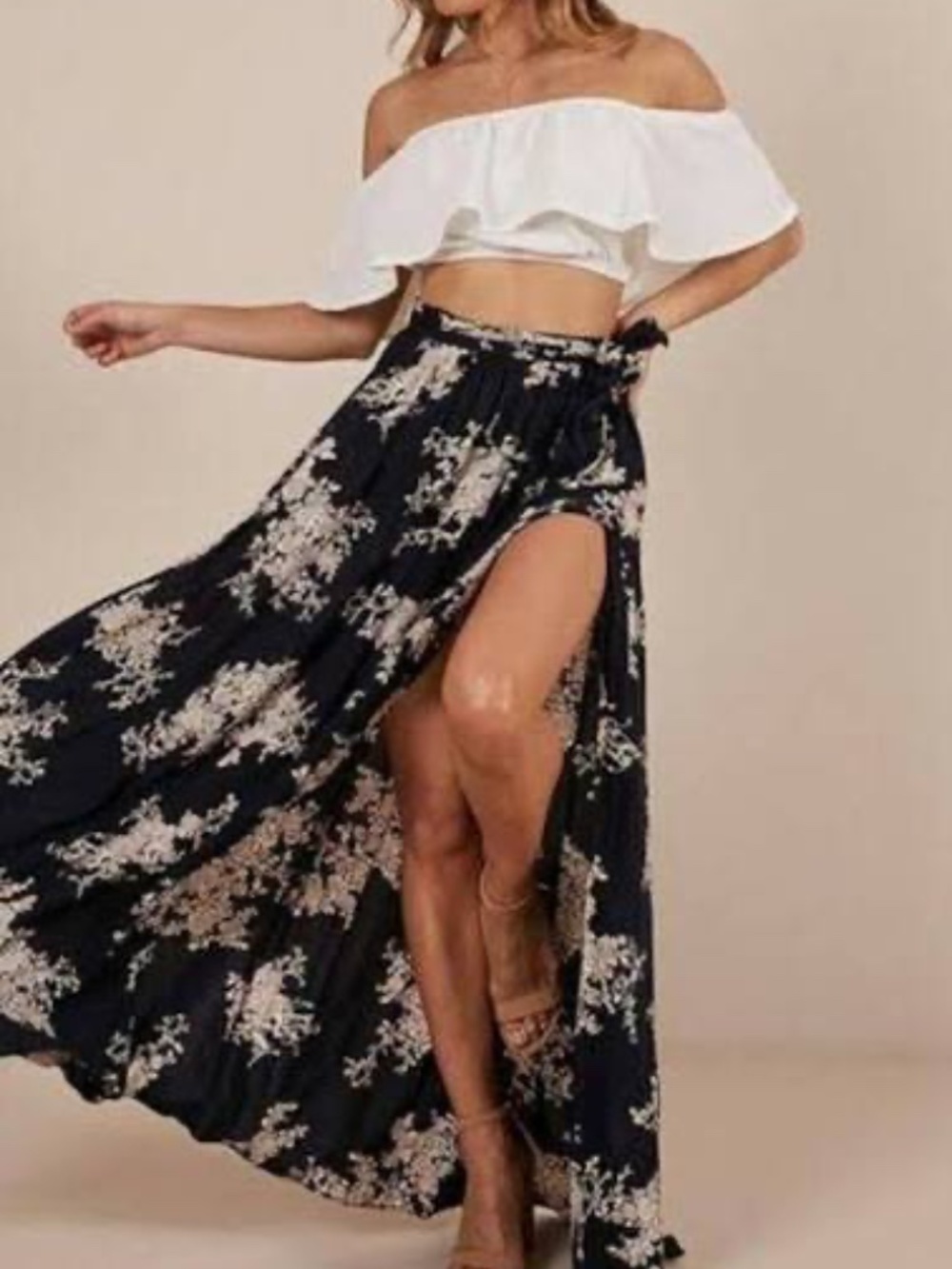 Showpo Navy Maxi Skirt with White Floral Print and Tie Waist